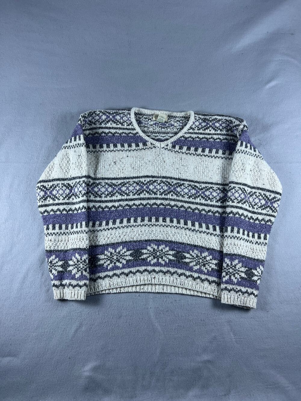Vintage St John's Bay Sweater Mens L Purple White Fair Isle Nordic Heavyweight